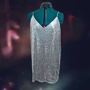 Your new NYE fit! Silver Sequined Slip Dress size L A New Day. Worn only once